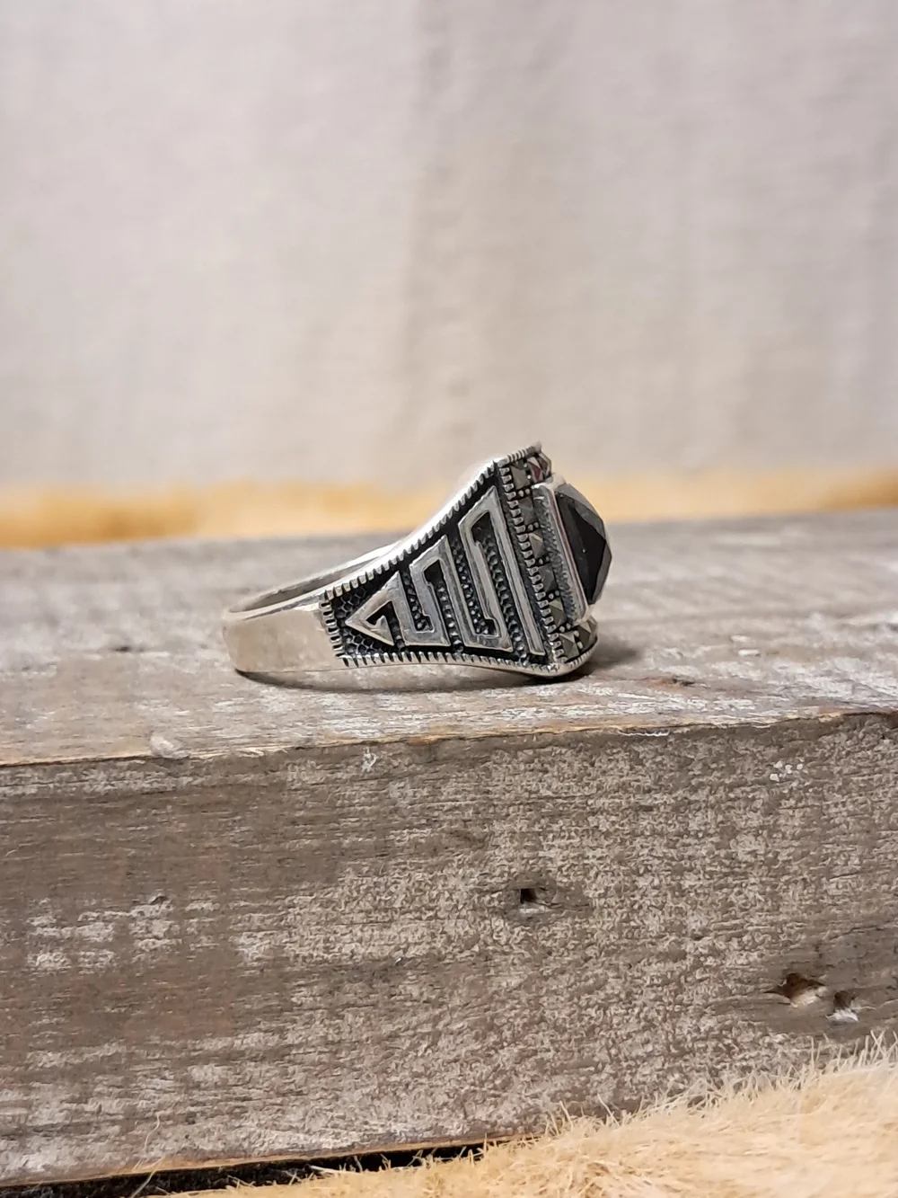 Vintage Art Deco 925 Sterling Silver Black Onyx Signet Ring Size 10.5